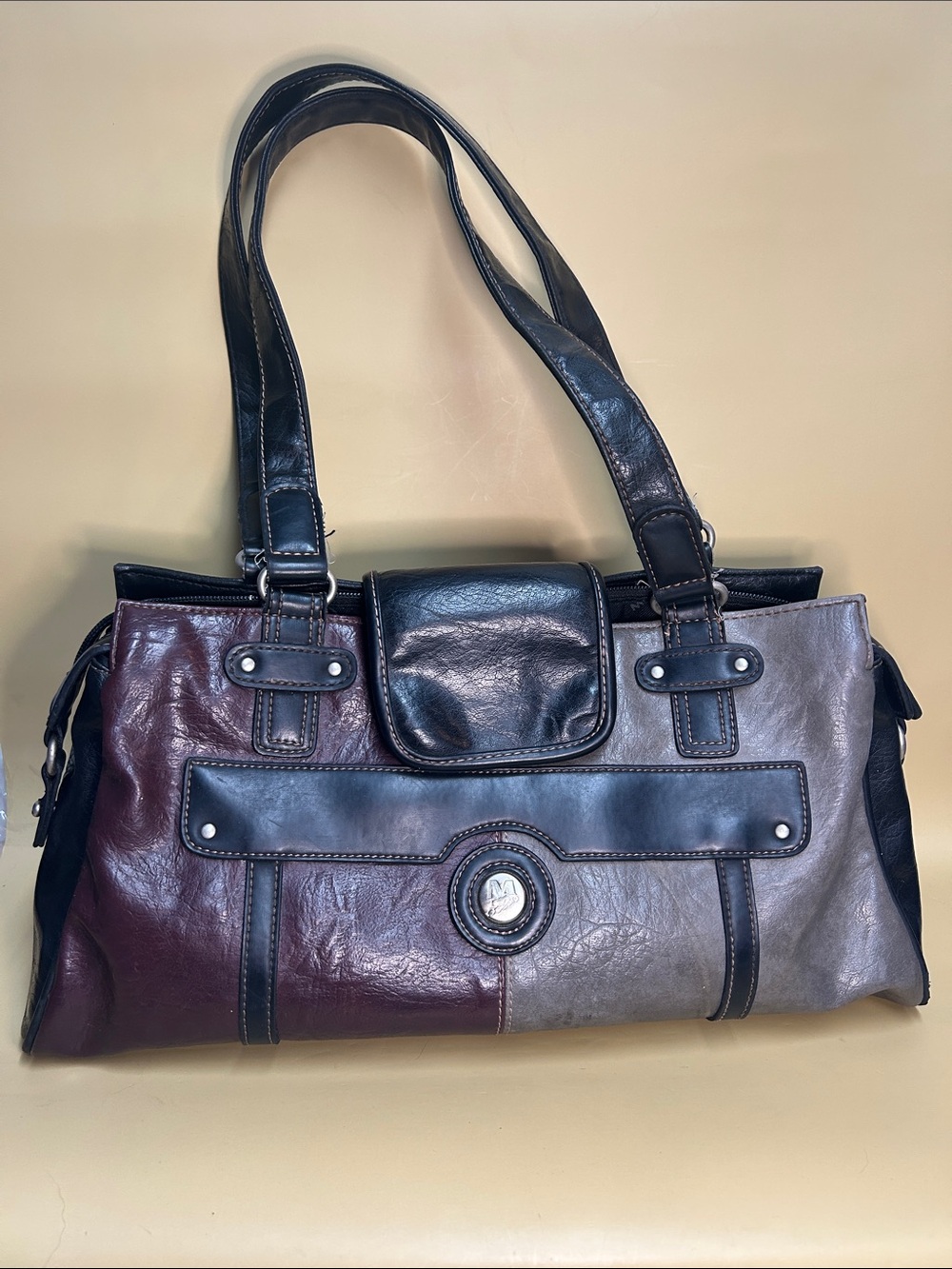 Vintage Mouflon Canada Two-Tone Faux Leather Shoulder Bag, Beige and burgundy